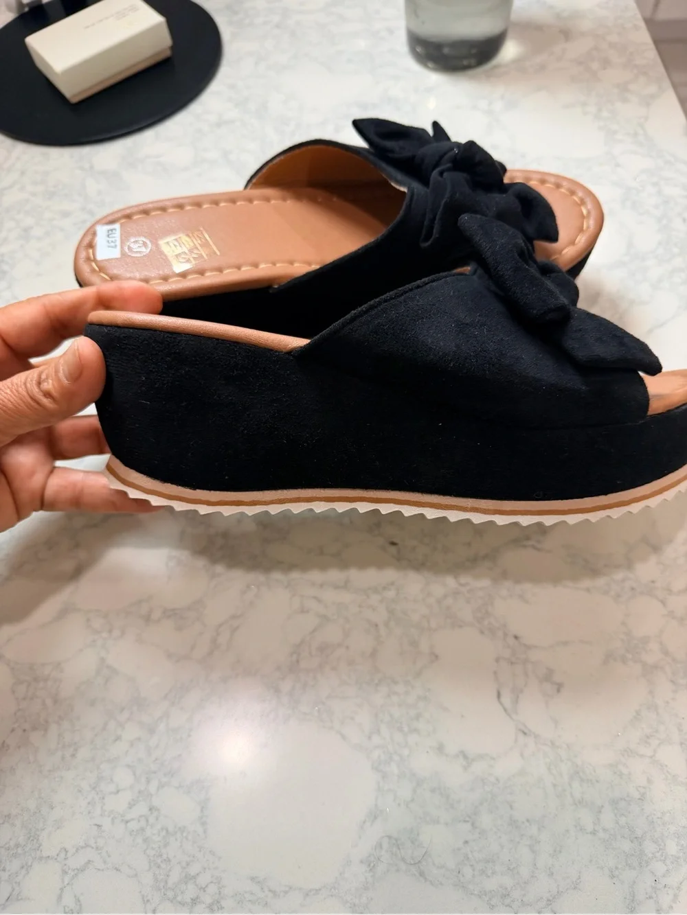 Black Bow Platform Slide Wedges - Stylish Slip-On for Women